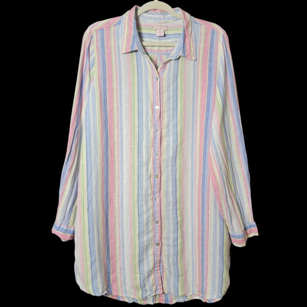 St Tropez West Womens 100% Linen Colorful Striped Long Sleeve Button Up Top XL